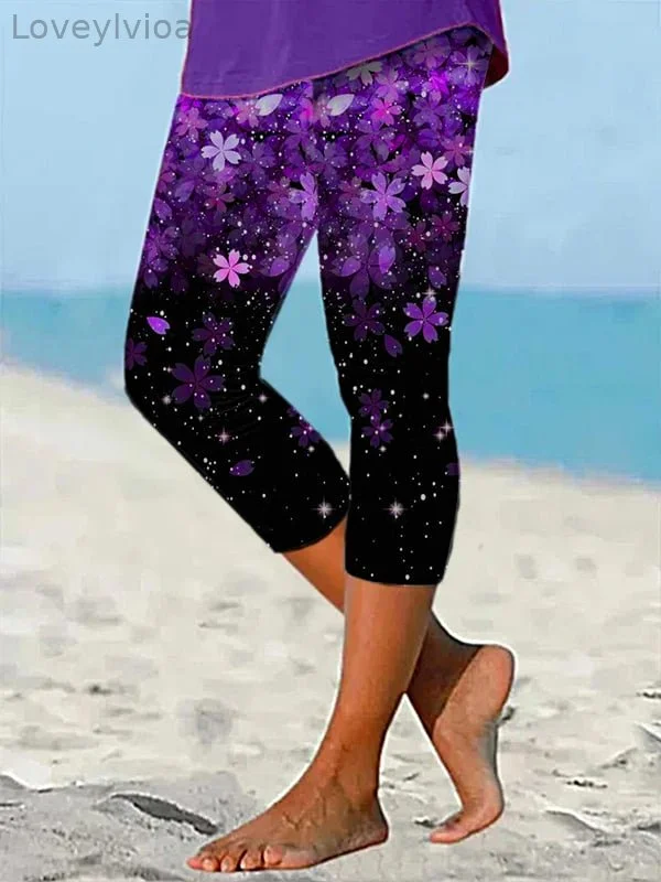 Women's Alzheimer's disease Purple Flower Printed Cropped Leggings