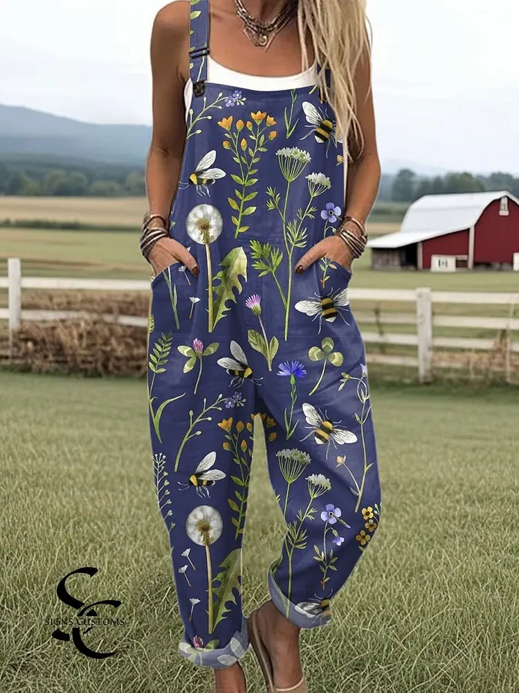 Women's Vintage  Flowers Bees  Art Print Casual 100% Cotton Wide Leg Jumpsuit