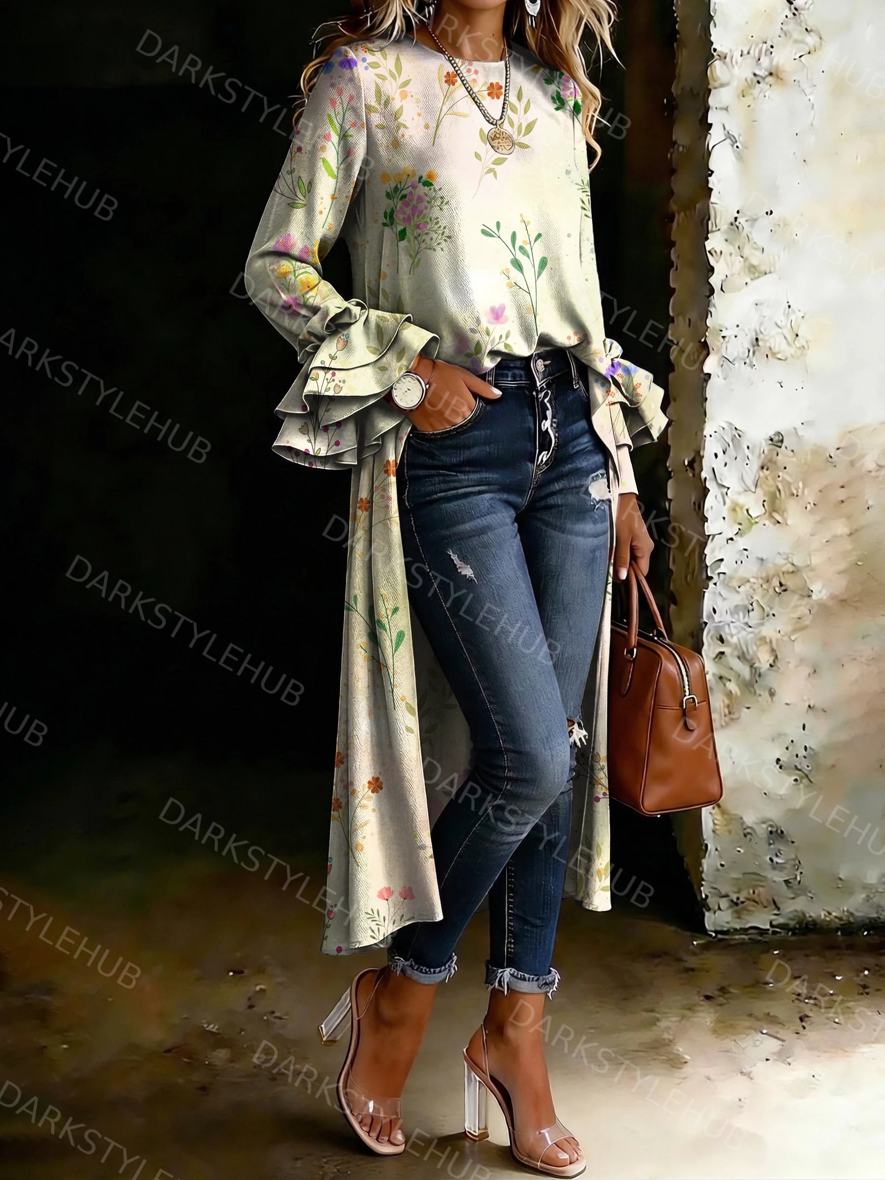 Retro Fresh Floral Art Print Casual Crew Neck Ruffled Sleeves Asymmetrical Hem Shirt