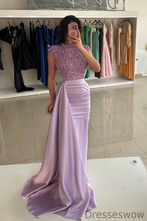 Dresseswow Lilac Cap Sleeve Mermaid Evening Dress Ruffle With Pearls Sequins Beads