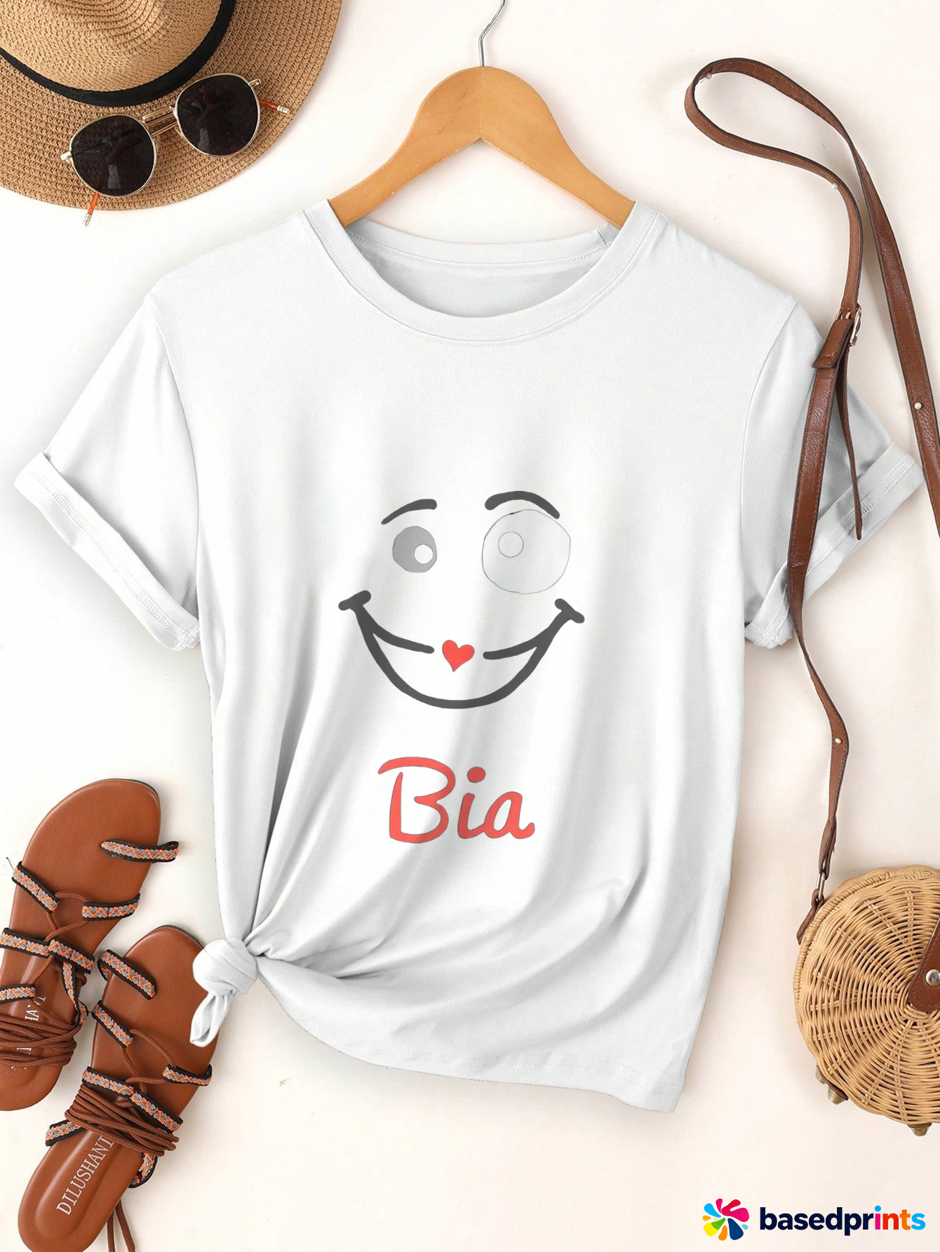 Summer White T-Shirt with Smiley Face and Name Bia