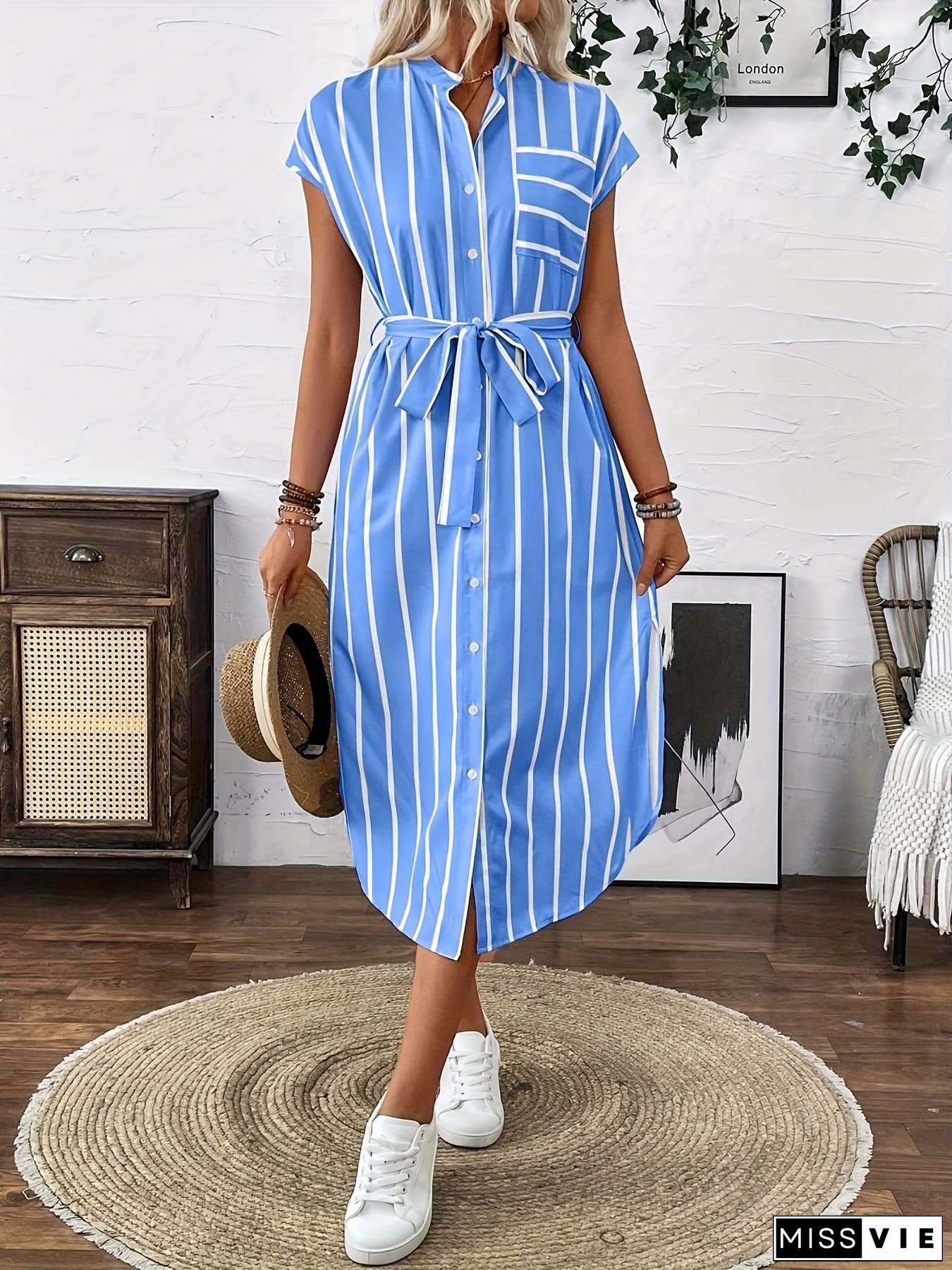 Elegant Womens Blue White Batwing Sleeve Shirt Dress Single-Button Front Longline Casual