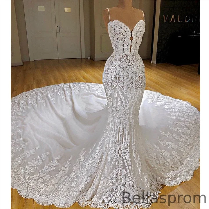 Bellasprom Modest Lace Mermaid Wedding Dress With Train Appliques Spaghetti- Straps