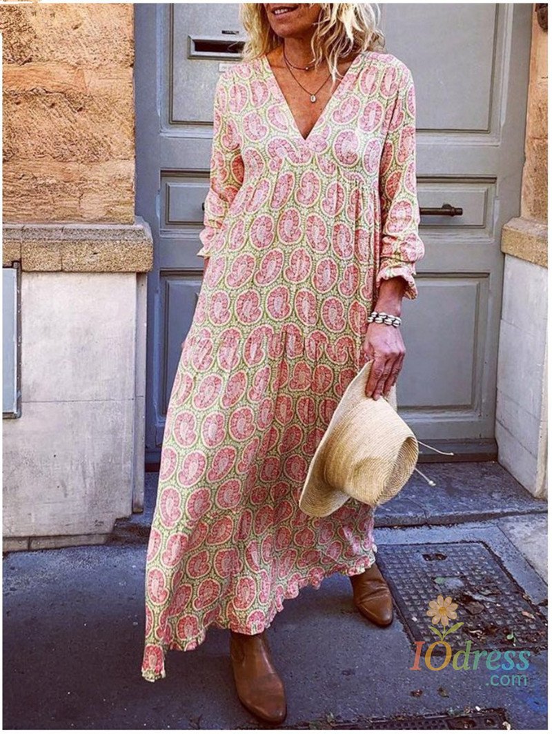 IO Dress Casual Bohemian Style Beach Dresses For Women Fashion Printed Sexy V-neck Long Sleeve Loose Maxi Dress Vestidos Streetwear 2023