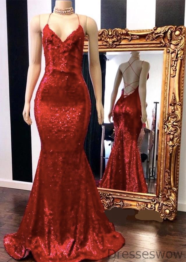 Dresseswow Red Sequins Mermaid Prom Dress Long With Appliques