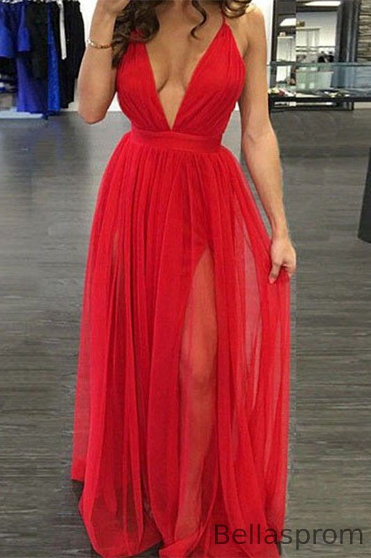 Bellasprom Red Deep Long Prom Dress Tulle With Slit V-Neck Bellasprom
