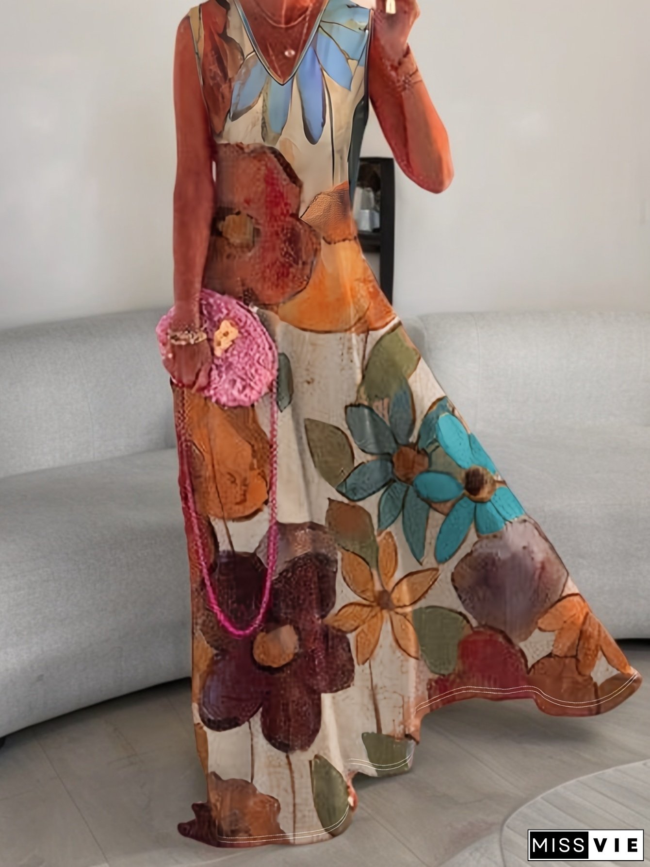 [Floral Print Maxi Dress] Floral Print Polyester Knit V-Neck Maxi Dress for Women - Peplum Design, Elastane, Spring/Summer/Fall