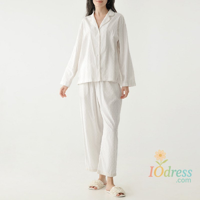 IO Dress 100% Cotton Jacquard White Homewear Ladies Suit Spring New Lapel Button Cardigan Shirt Pants Two-Piece Sets Women's Clothing