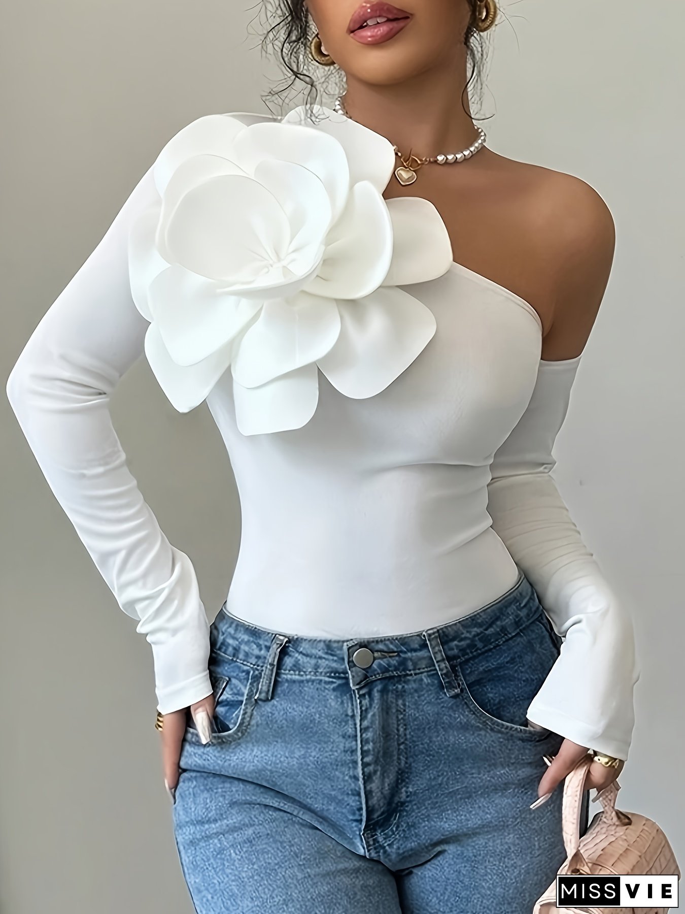 Women's Off-Shoulder Pink Floral Top with Long Sleeves - Casual, Sleeveless, All-Season Top with Floral Embroidery, Casual Wear|Floral Embroidery Top|Applique Detail