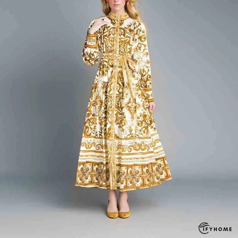 Lantern Sleeve Printed Cinched Waist Long Sleeve Dress | IFYHOME