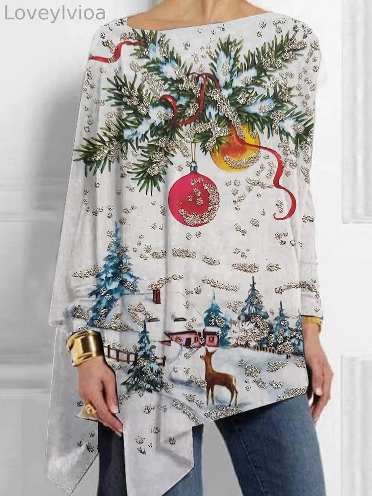 Christmas Snow Country Print Mid-Length Irregular Tops