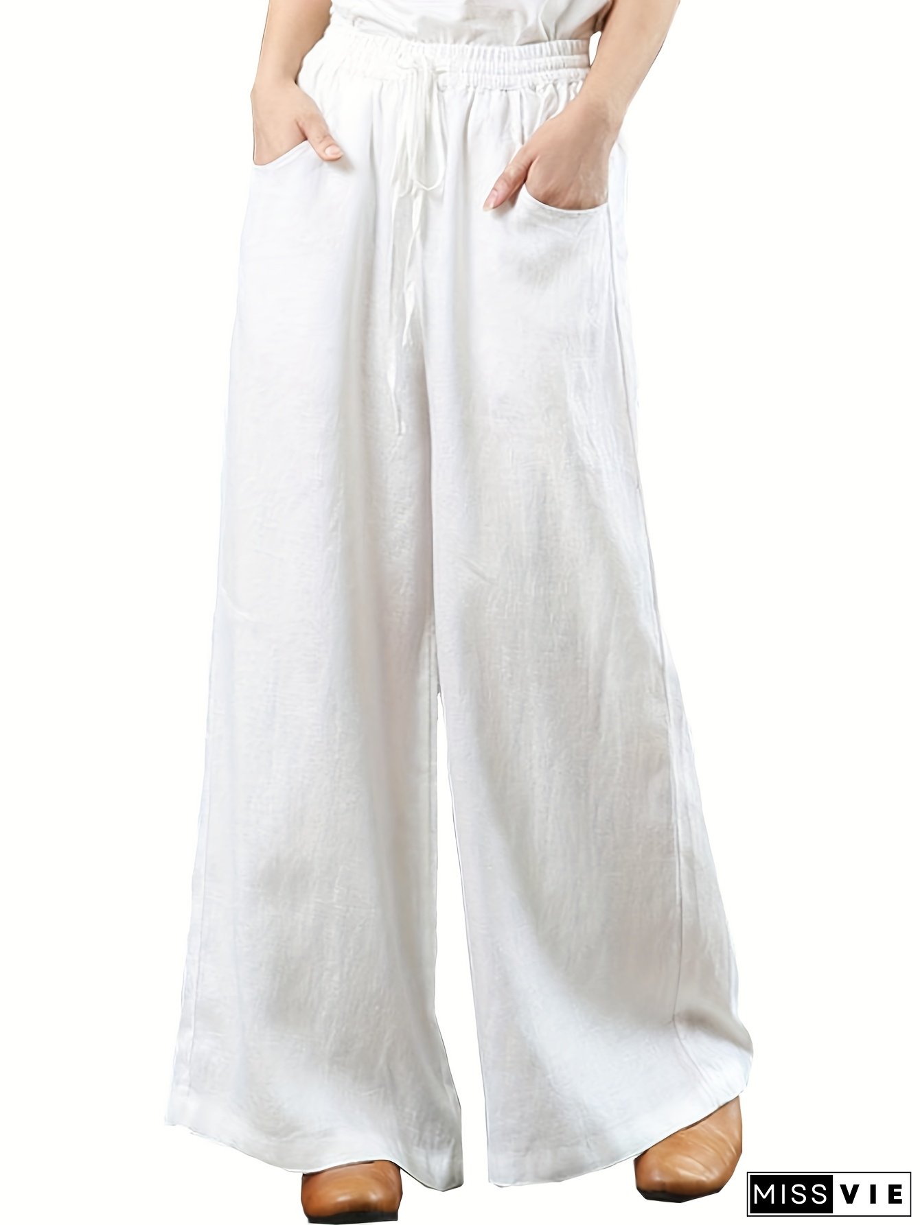 [Linen Beach Trousers] Breathable Linen Women's Wide-Leg Beach Trousers | Elastic Waist, Pockets, All-Season Comfort | Casual Resort Look, Vacation & Casual Attire, Opaque Flattering Fit