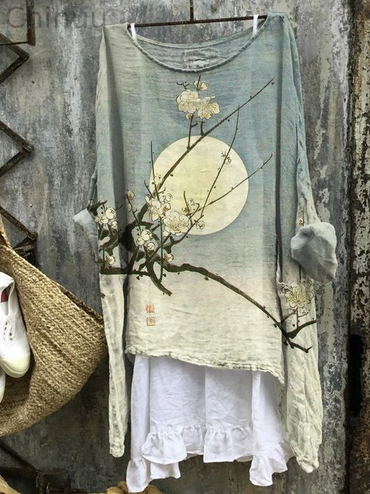 Plum Blossom Full Moon Gradient Japanese Art Linen Blend Tunic