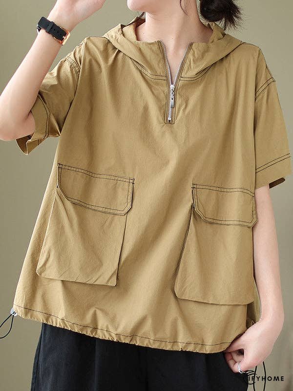 Loose Short Sleeves Zipper Hooded T-Shirts Tops | IFYHOME