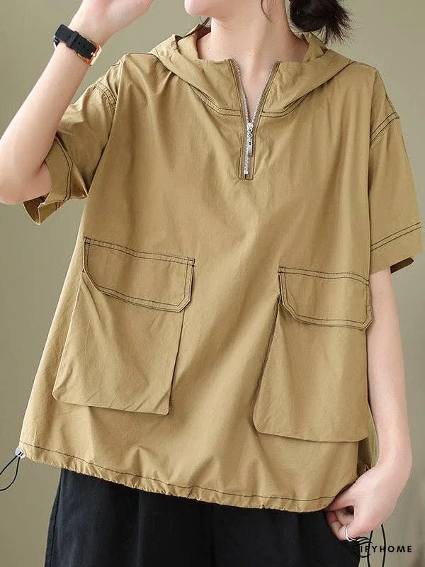 Loose Short Sleeves Zipper Hooded T-Shirts Tops | IFYHOME