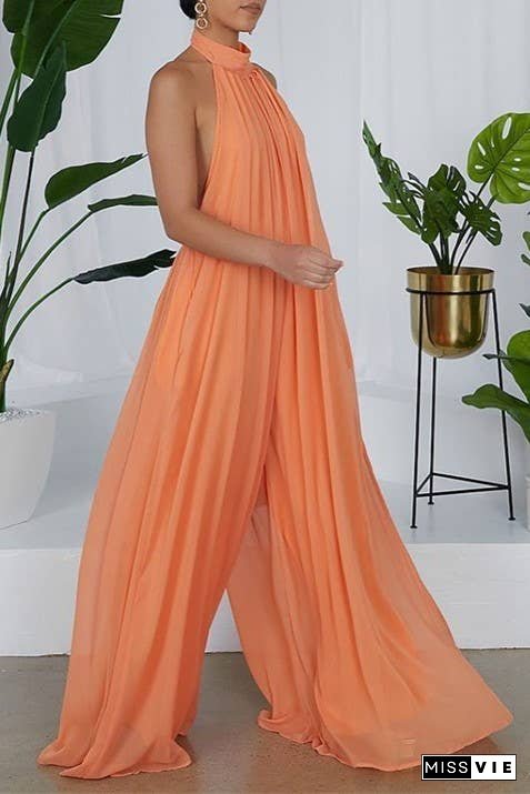 SS/24 chiffon halter backless pleated wide leg jumpsuit