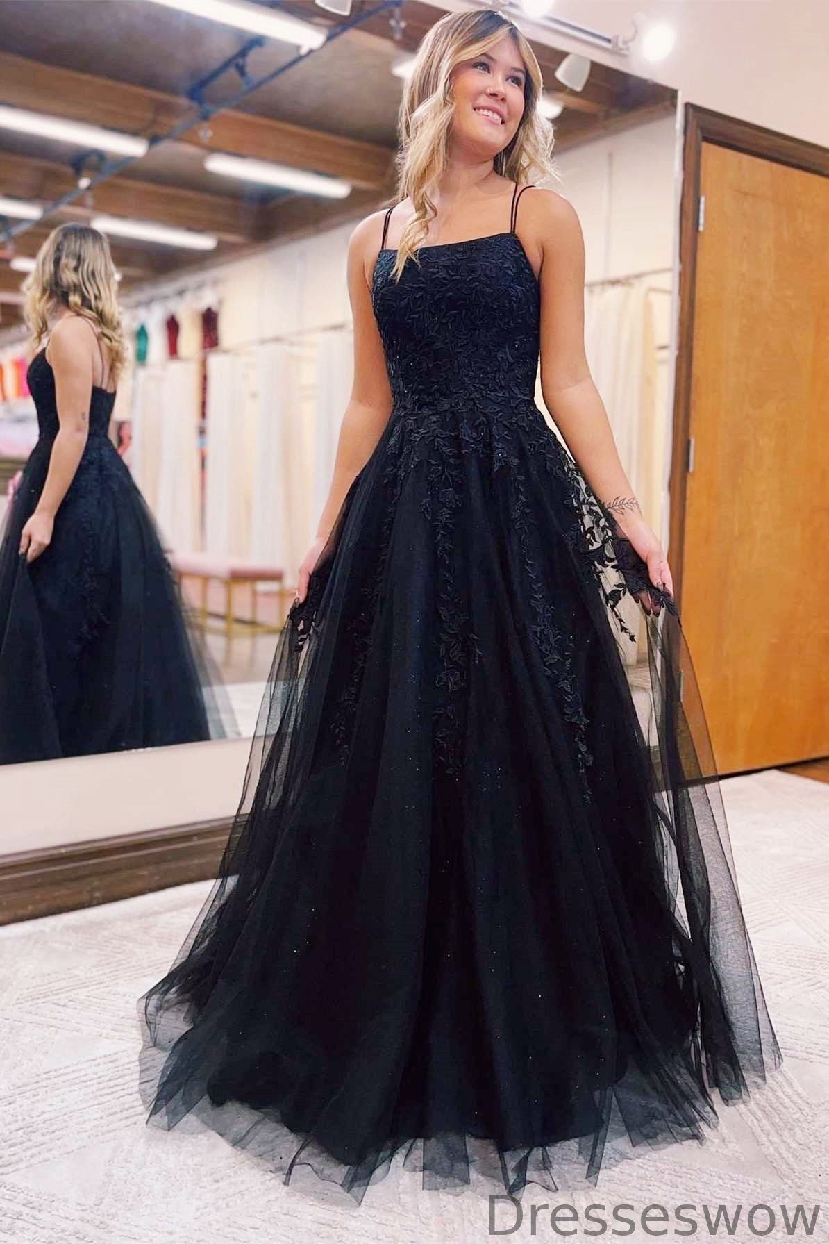 Dresseswow Black Spaghetti-Straps Sleeveless A-Line Prom Dress With Appliques