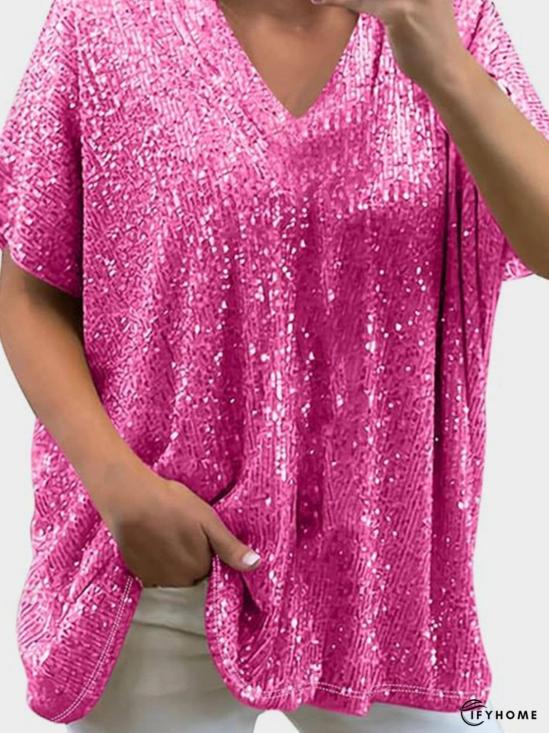 Full Size Sequin V-Neck Short Sleeve Top | IFYHOME