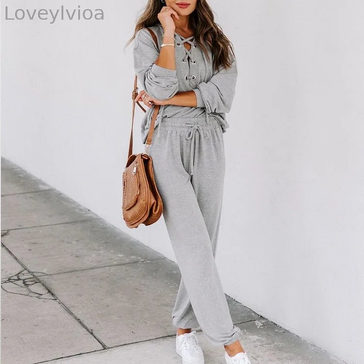Casual Solid Color Lace-up Hooded Sweatshirt Set