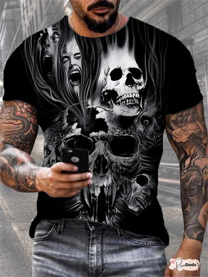 Men's Summer Hot Models Skull Print Short-sleeved New Personalized Casual Comfortable Short-sleeved T-shirt
