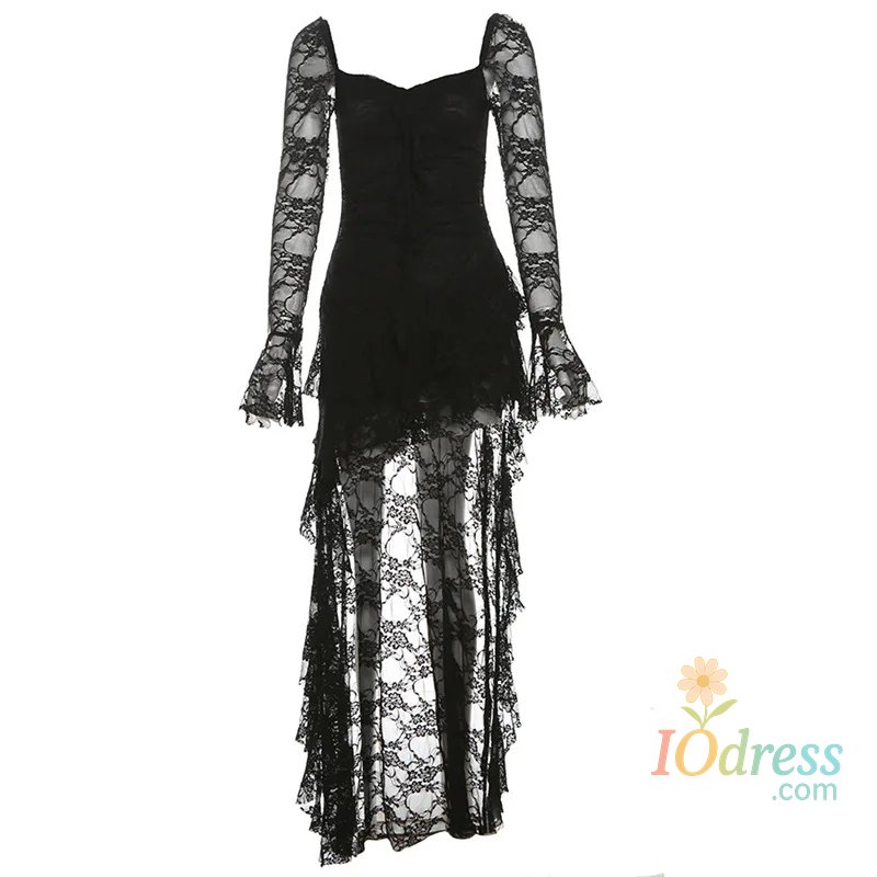 IO Dress Fairycore Lace Flare Sleeve Square Neck A-line Dress Sweet E-girl Irregular Long Hem Dresses Cyber Y2K Party Vestido IO Dress