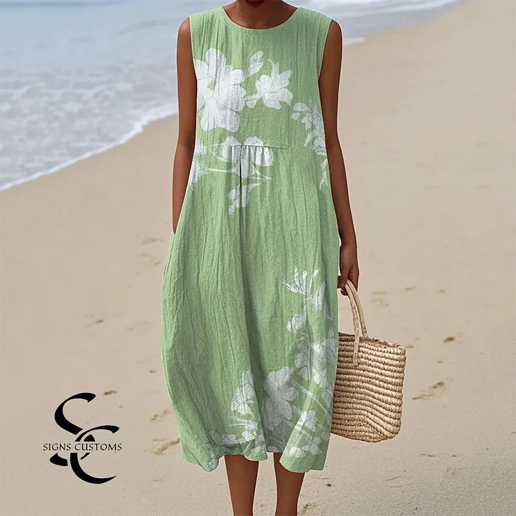 Women's Vintage Flower Art Print Sleeveless Cotton Pocket Wrap Dress