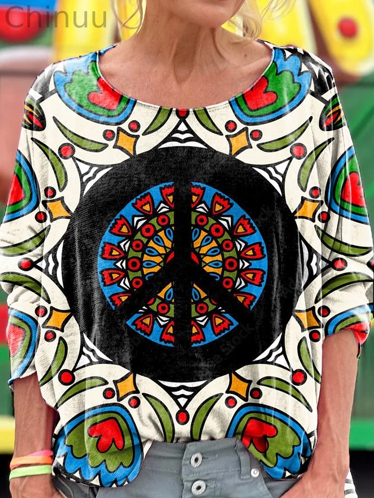 Hipe Vibe Print Loose Round Neck Women's Long Sleeve T-Shirt