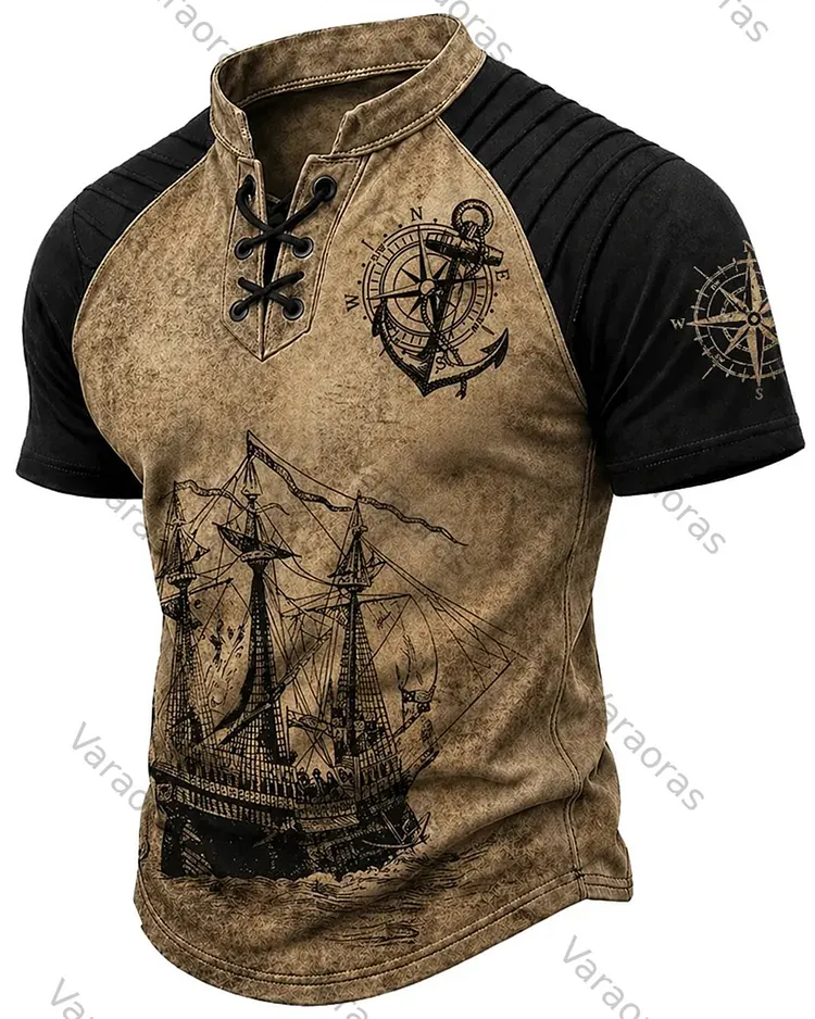 Men's Vintage Distressed Short-Sleeve Henley T-Shirt with Viking Pirate Print 5622