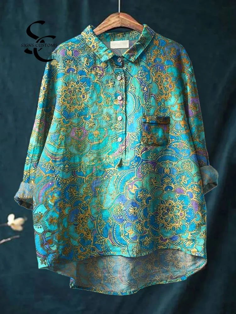 Women's Retro  Art Print Casual Cotton And Linen Shirt