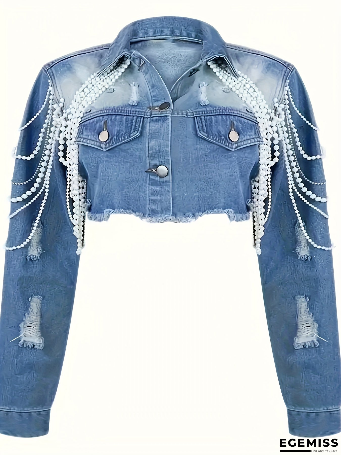 HME Women's Vintage Washed Denim Jacket with Pearl Chain Accents - Waist-Hugging A-Line Cut, Square Neck & Long Sleeves, Retro Loose Fit Spring/Fall Coat for Casual Chic Outfits | EGEMISS