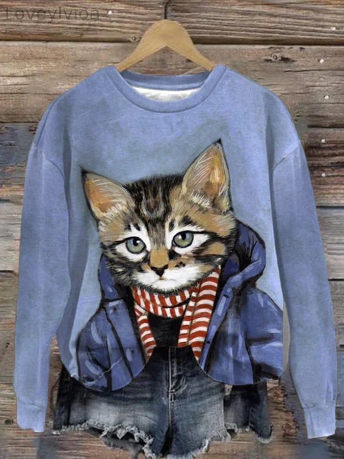 Women's Cat Print Round Neck Long Sleeve Sweatshirt