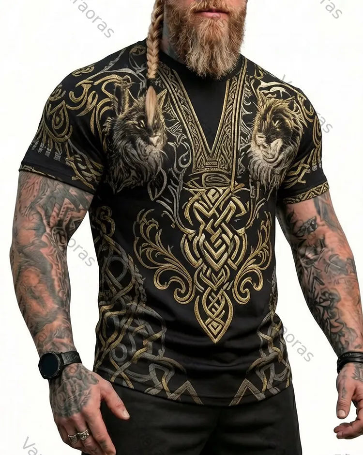 Men's Summer Viking Wolf Totem Print Short-Sleeve T-Shirt 6628