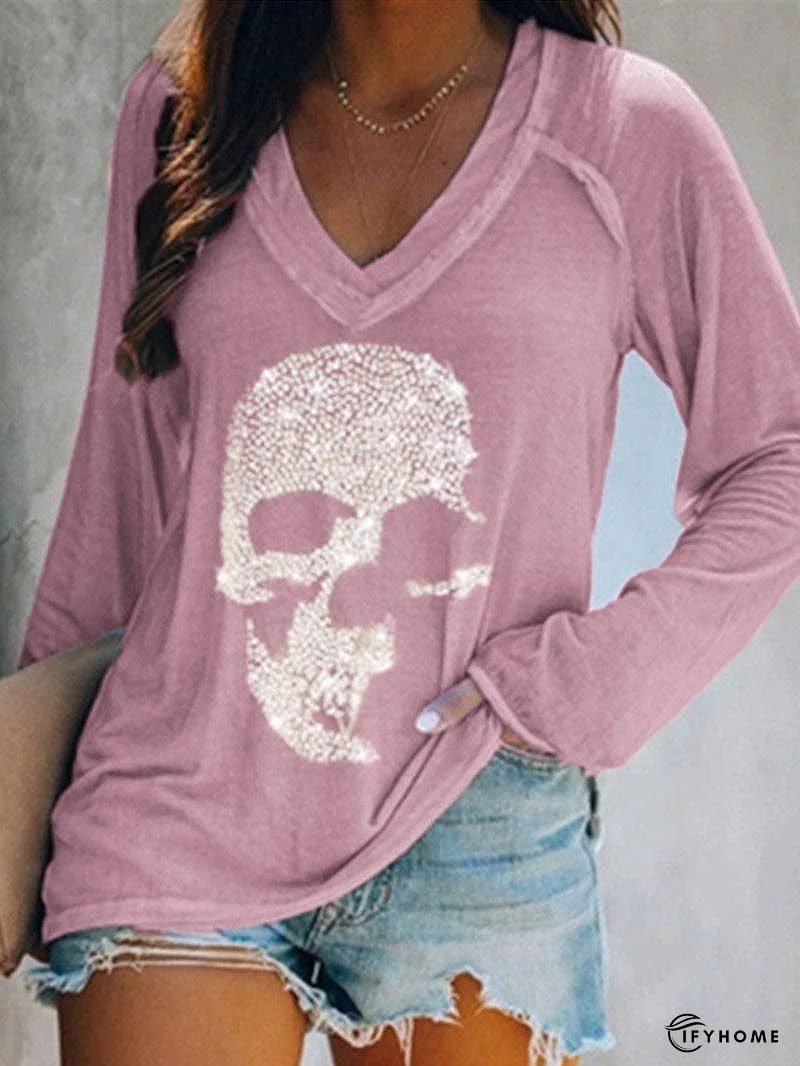 Skull Print Casual Long-sleeved V-neck T-shirt | IFYHOME