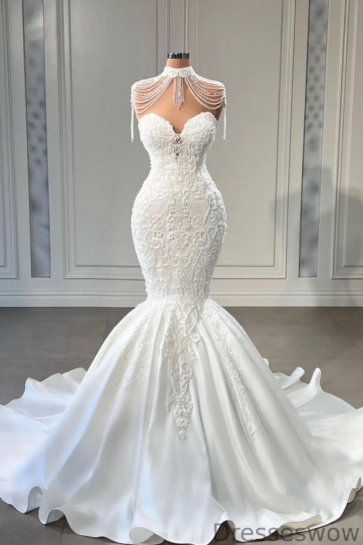 Dresseswow Long Mermaid Sweetheart Pearl Wedding Dresses With Lace