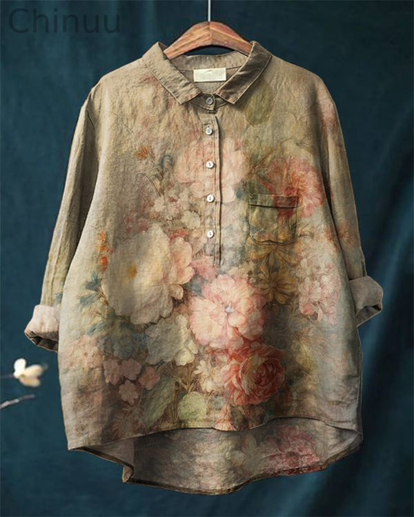 Vintage Floral Print Casual Cotton and Linen Shirt