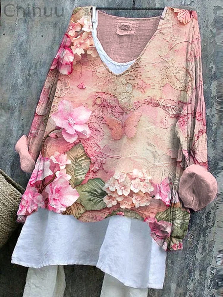 Pink Floral Butterfly Art Print Linen Blend Shirt
