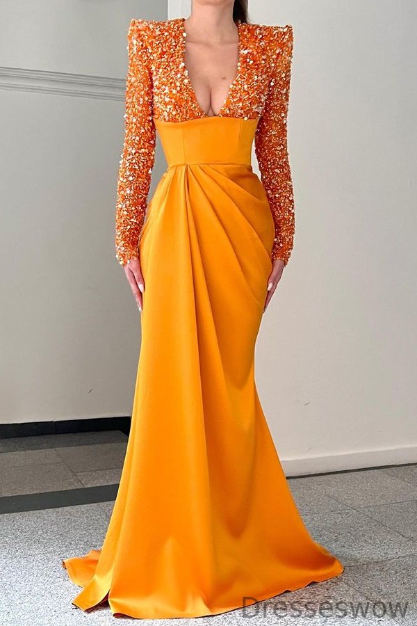 Dresseswow Orange Deep V-Neck Mermaid Prom Dress Long Sleeves With Sequins