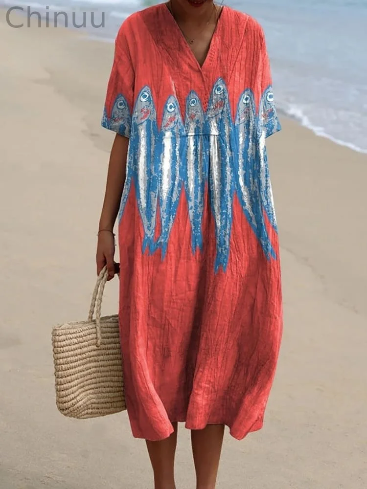 Women's Vintage Lovely Sardines Art Print Flowy Dress