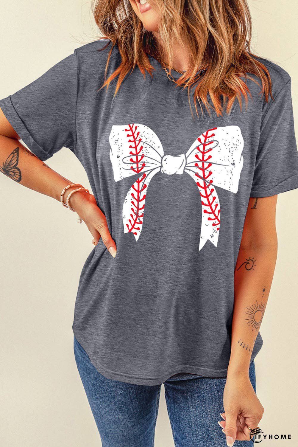 Black Baseball Bowknot Graphic Roll Up Sleeve Tee | IFYHOME