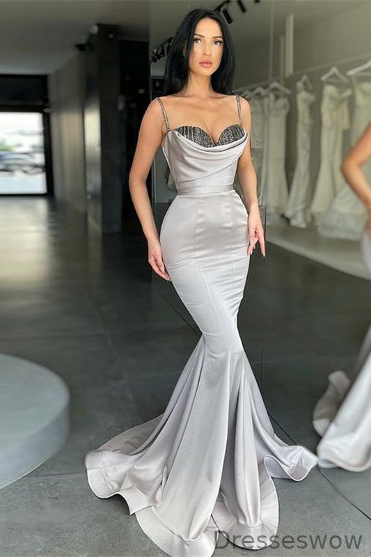 Dresseswow Spaghetti-Straps Mermaid Evening Prom Dress Sleeveless With Sequins