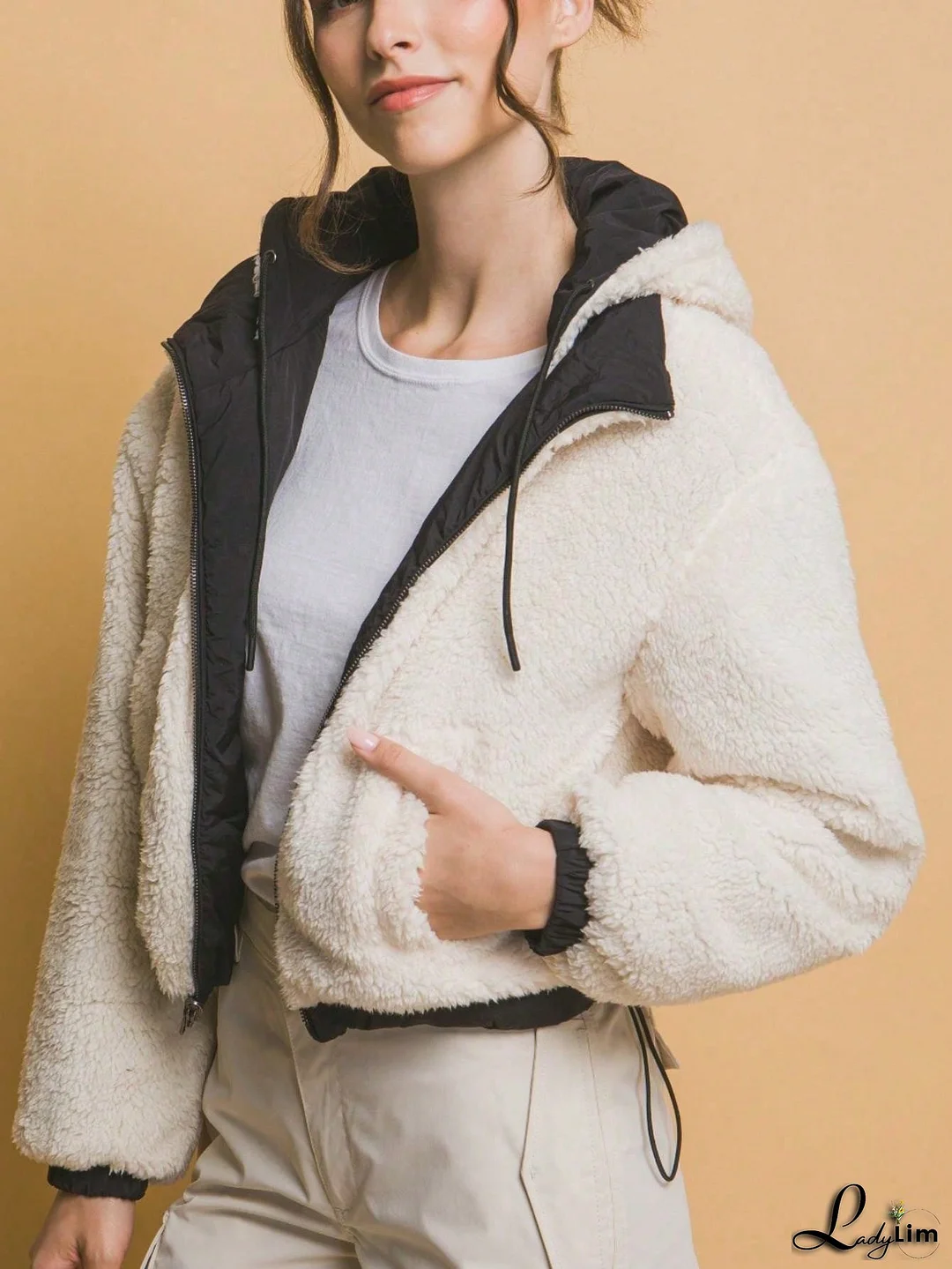 Women's Casual Reversible Jacket Chic Zip Up Cropped Hooded Sherpa Puffer Jacket Relaxed Fit Black Long Sleeves Front Zip Closure Solid Color Warm and Cozy Perfect For Winter Everyday Wear