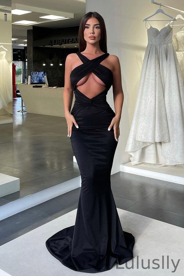 Luluslly Halter Black Mermaid Prom Dress Sleeveless On Sale