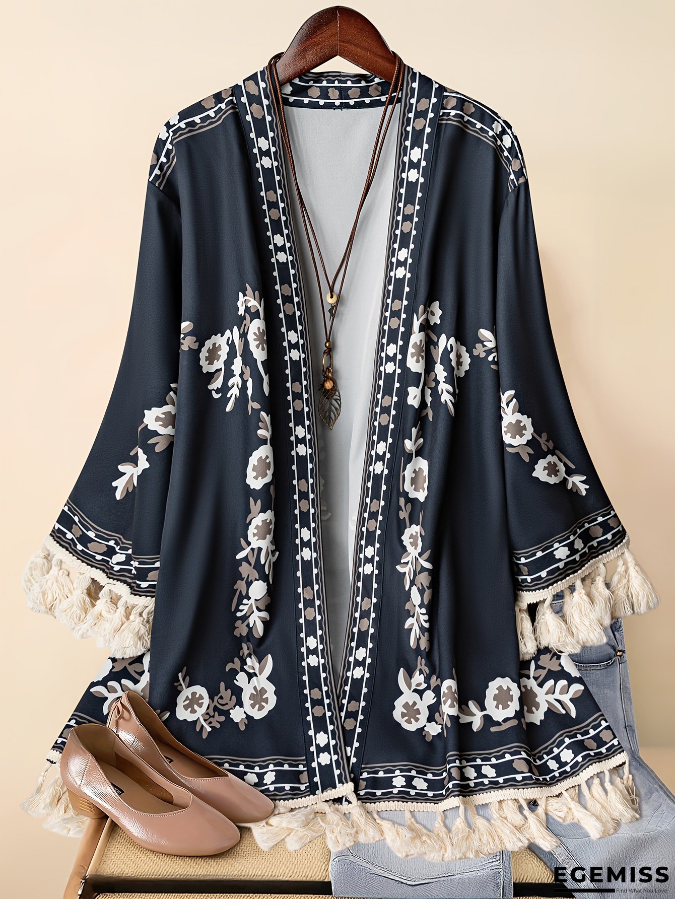 Plus Size - Plus Size Women's Elegant Floral Print Cardigan - Lightweight Tassel Hem Open Front Blouse For Spring Summer Fall, Beach Vacation & Casual Outings, Beach Coverup, Seasonal Fashion, Flowy Fabric | EGEMISS