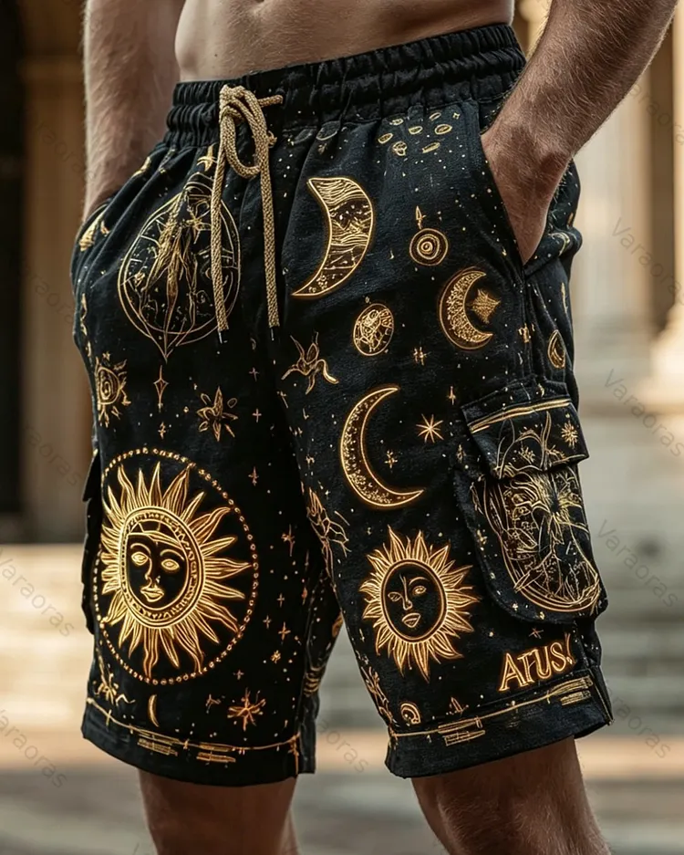 Men's Summer Fashion Star and Moon Print Embroidered Casual Linen Shorts 8735