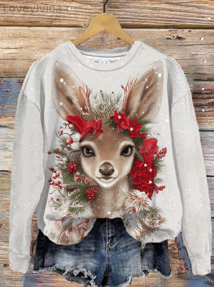 Christmas Elk Crew Neck Long Sleeve Top