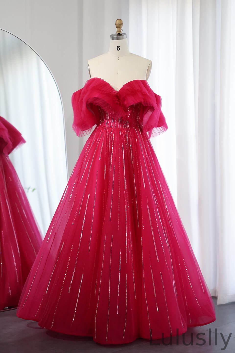 Luluslly Fuchsia Sweetheart A-Line Evening Dress Off-the-Shoulder With Sequins Beadings Sleeveless