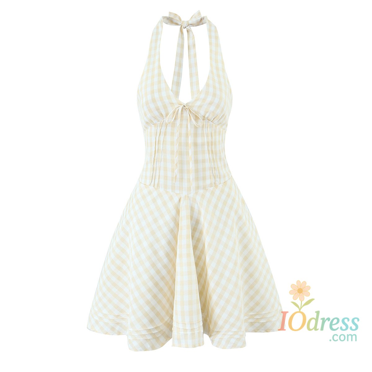 IO Dress YENKYE Sexy Backless Halter Mini Plaid Dress Women Deep V  Lacing Up Bandage Back A-line  Holiday Summer Dresses Short Robe