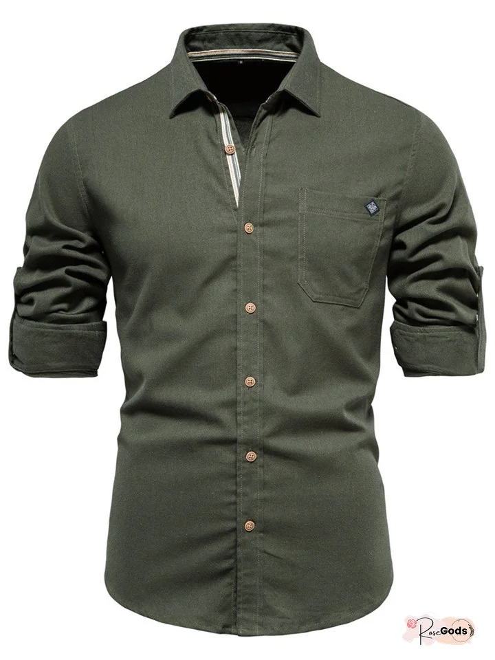 Lapel Men's Cotton Shirt Fashion Casual Men's Embroidery Solid Color Long-sleeved Shirt