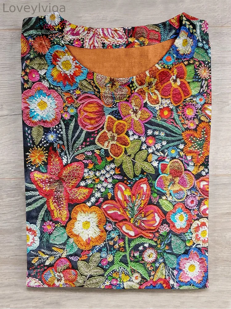 Unisex Floral Art Print Crew Neck Short Sleeve T-Shirt