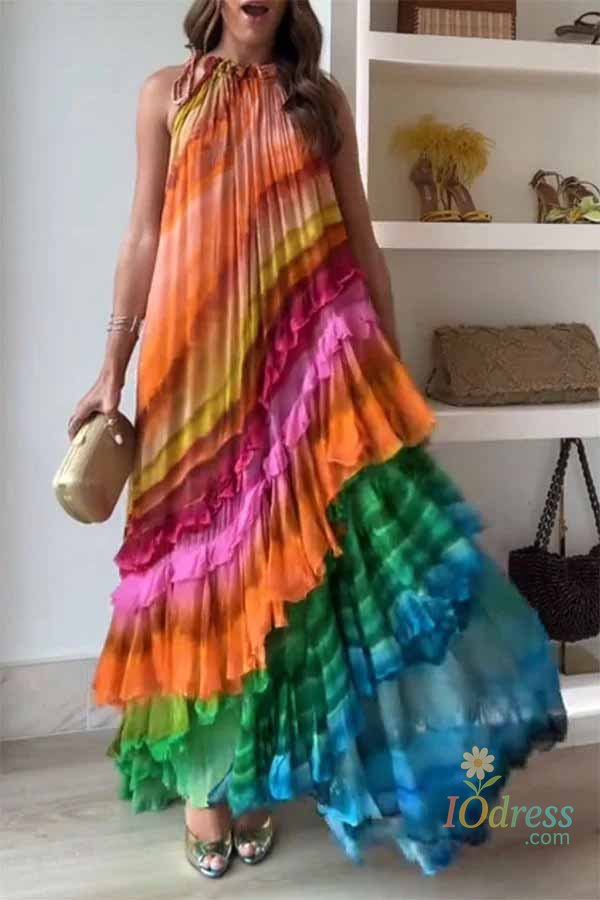 IO Dress Summer Women Ruffles Rainbow Dress 2025 Summer Loose Retro Print Beach Lady Party Gowns